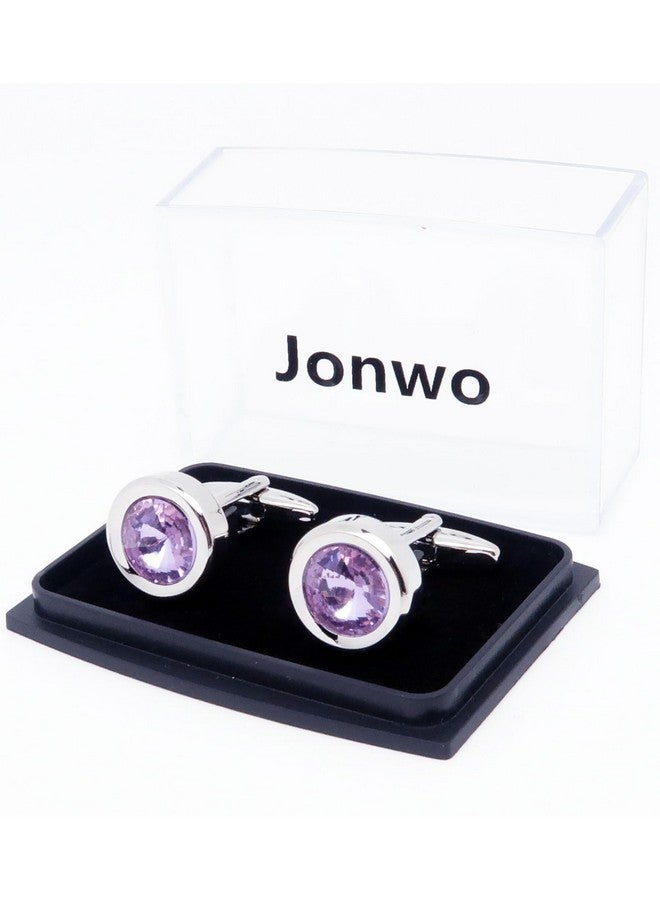 Jonwo Round Diamond Cutting Crystal Men Cufflinks With Gift Case French Cuff Shirt Unisex Cuff Link Buttons For Business Wedding Tuxedo (Purple) - Image 4