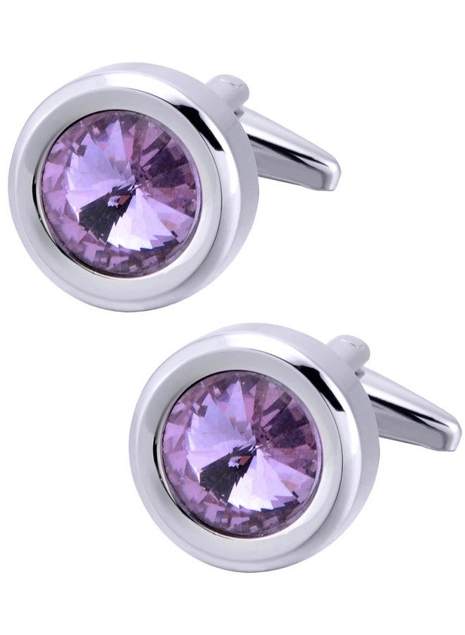 Jonwo Round Diamond Cutting Crystal Men Cufflinks With Gift Case French Cuff Shirt Unisex Cuff Link Buttons For Business Wedding Tuxedo (Purple) - Image 1