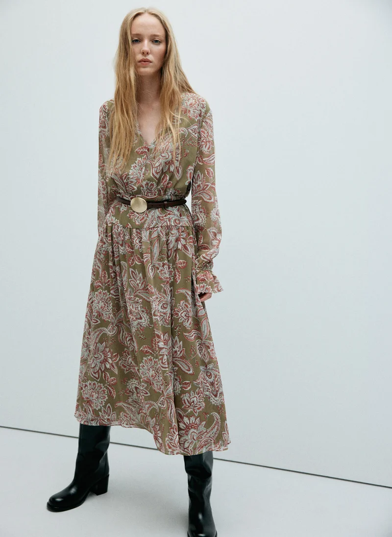 Mango Midi Dress With Textured Floral Chiffon