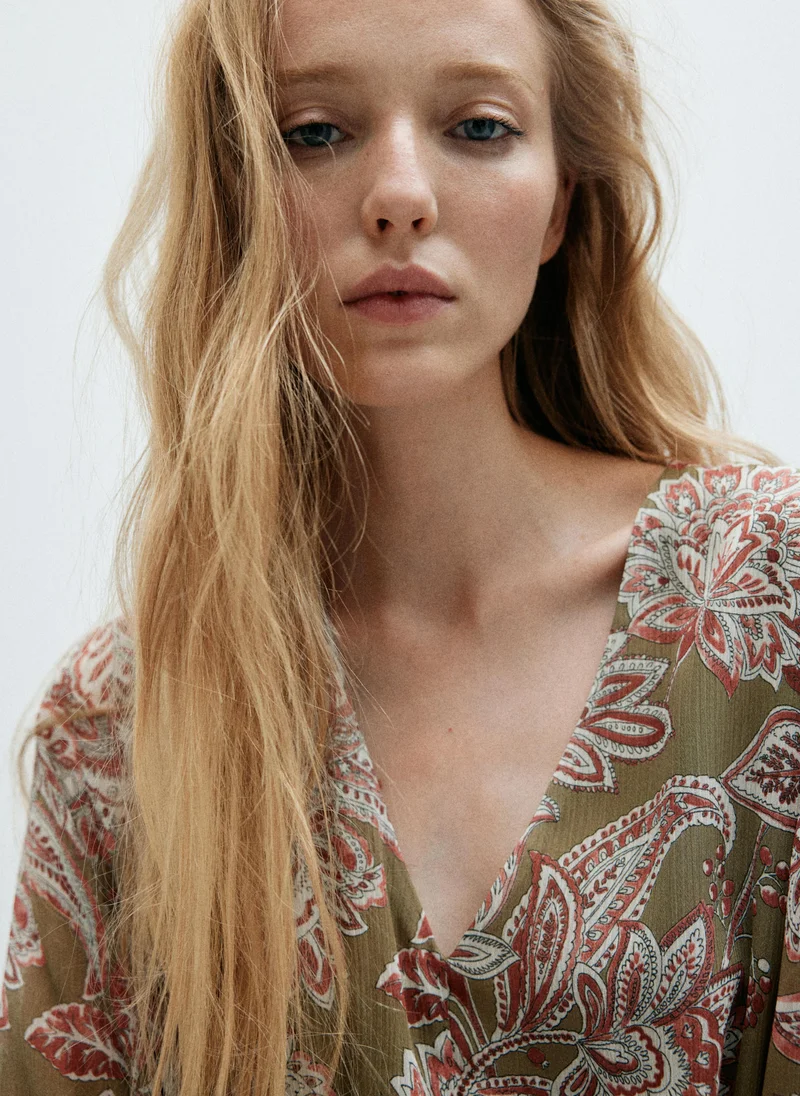 Mango olive green with red and white floral print Midi Dress With Textured Floral Chiffon for Women | Best Price UAE