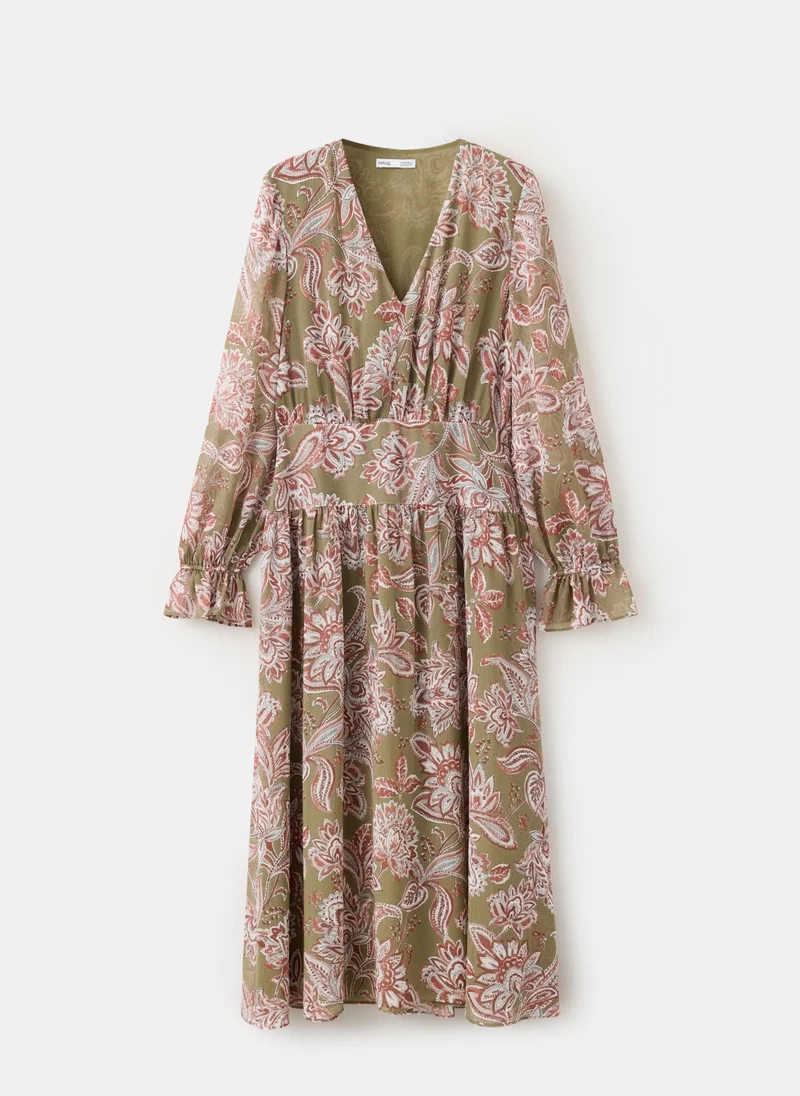 Mango olive green with red and white floral print Midi Dress With Textured Floral Chiffon for Women | Best Price UAE