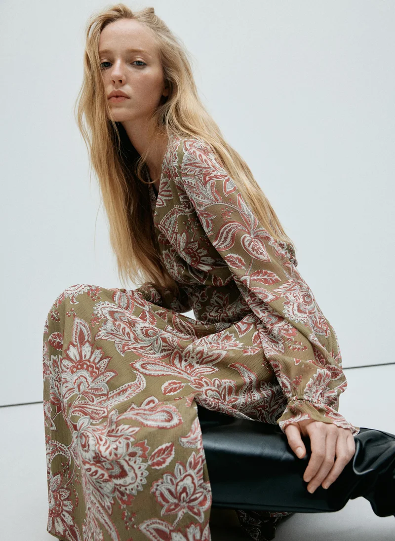 Mango olive green with red and white floral print Midi Dress With Textured Floral Chiffon for Women | Best Price UAE