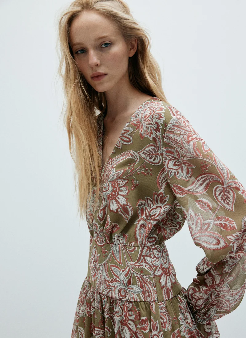 Mango olive green with red and white floral print Midi Dress With Textured Floral Chiffon for Women | Best Price UAE