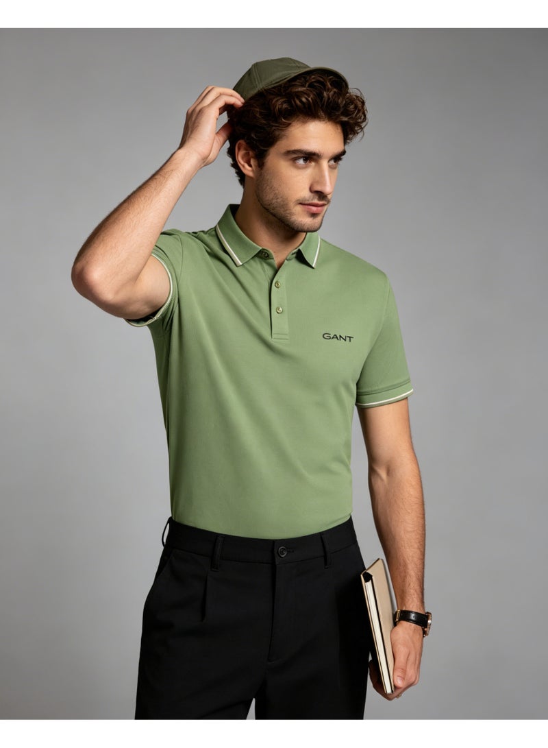 GANT Men Short Sleeve Striped Collar Polo Shirt Outdoor Casual Solid Olive Green Tee - Image 4