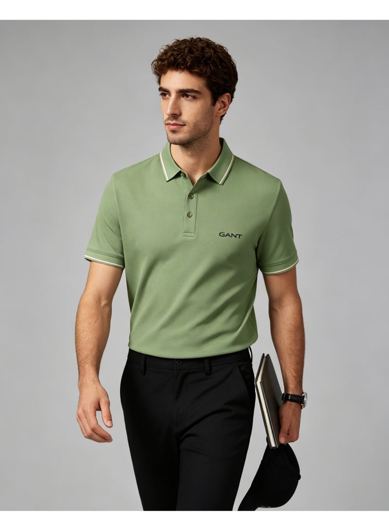 GANT Men Short Sleeve Striped Collar Polo Shirt Outdoor Casual Solid Olive Green Tee - Image 2