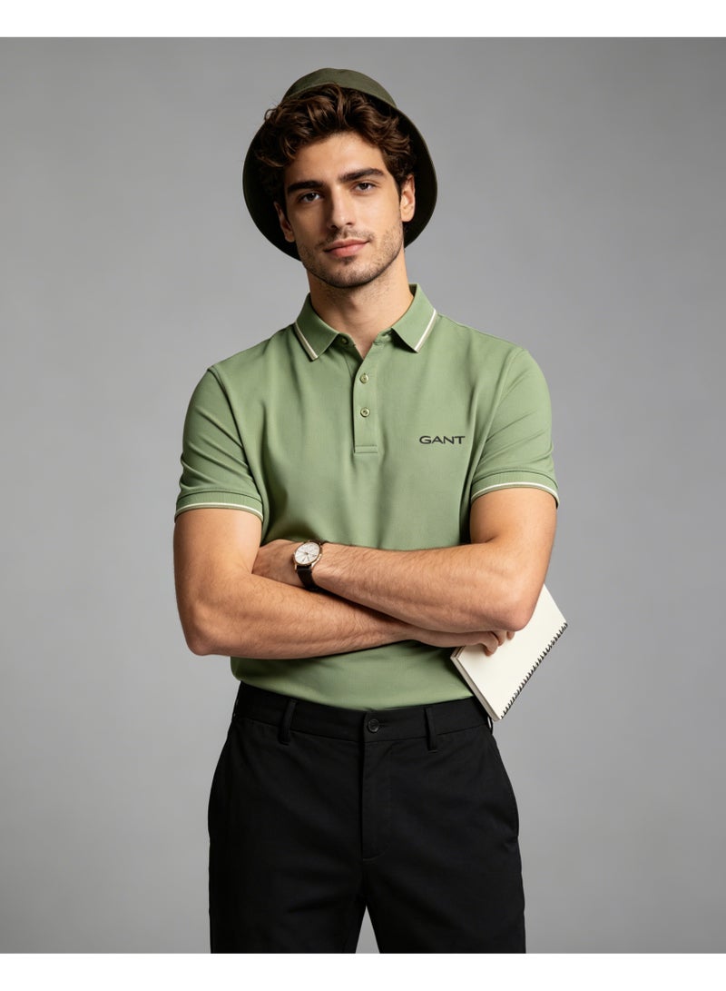 GANT Men Short Sleeve Striped Collar Polo Shirt Outdoor Casual Solid Olive Green Tee - Image 5