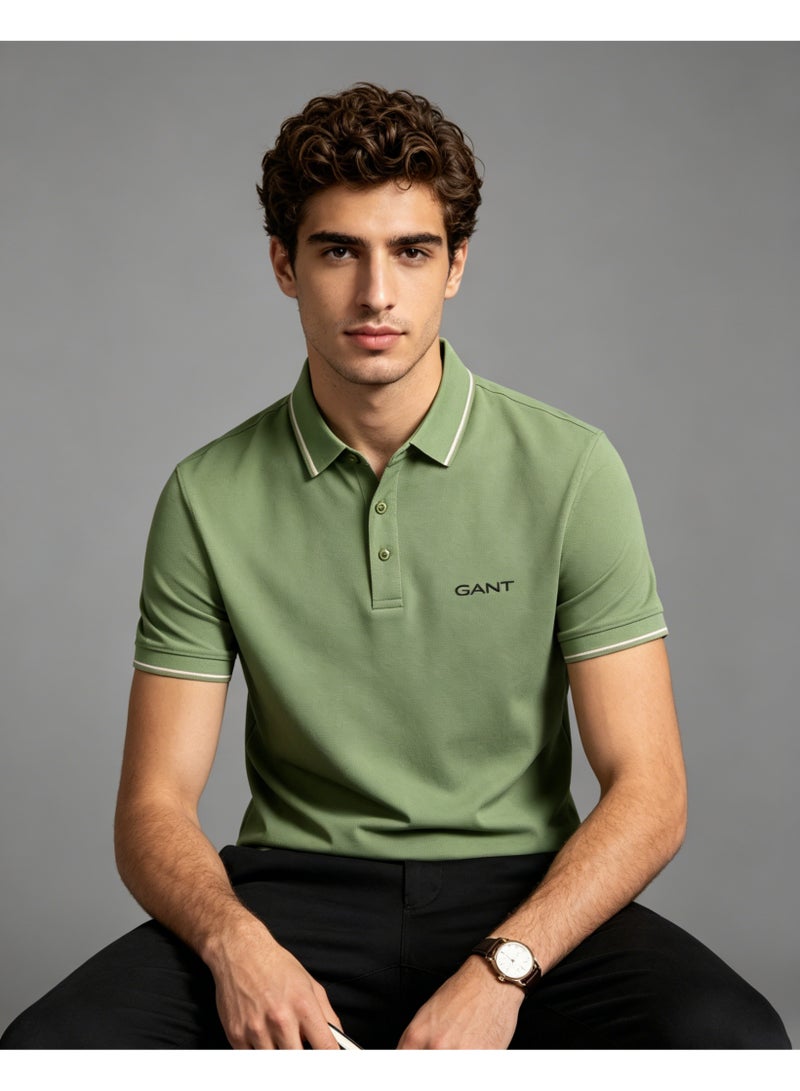 GANT Men Short Sleeve Striped Collar Polo Shirt Outdoor Casual Solid Olive Green Tee - Image 1