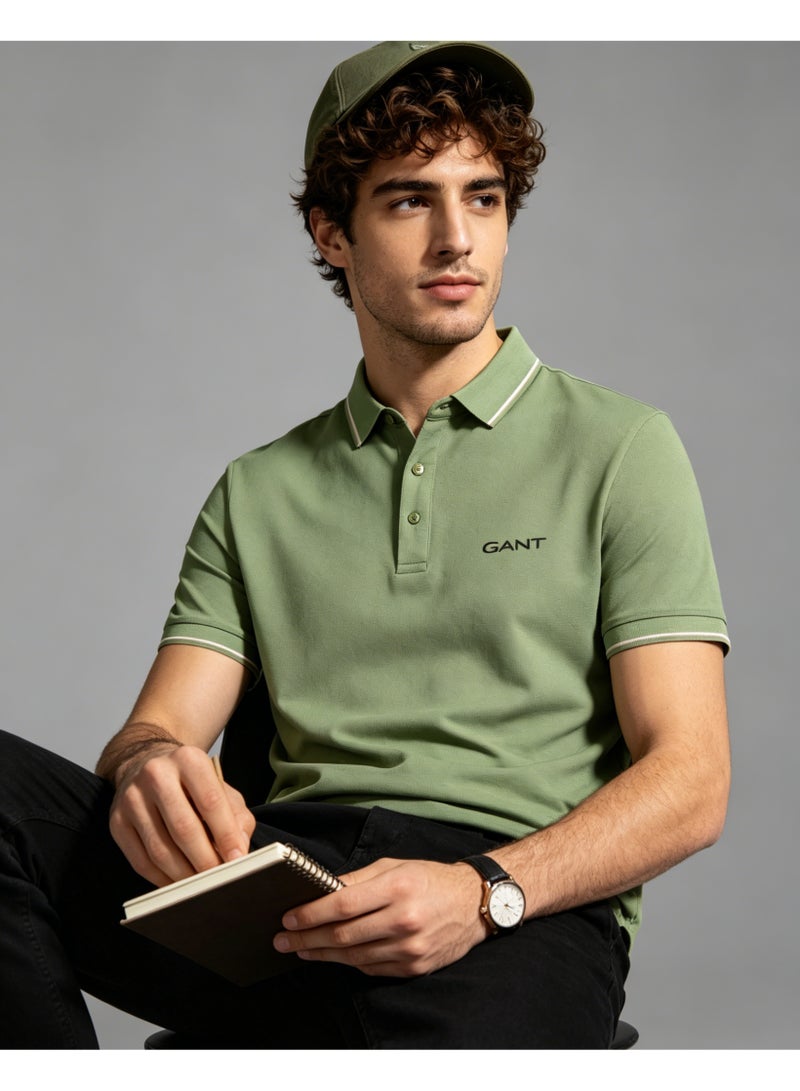 GANT Men Short Sleeve Striped Collar Polo Shirt Outdoor Casual Solid Olive Green Tee - Image 3