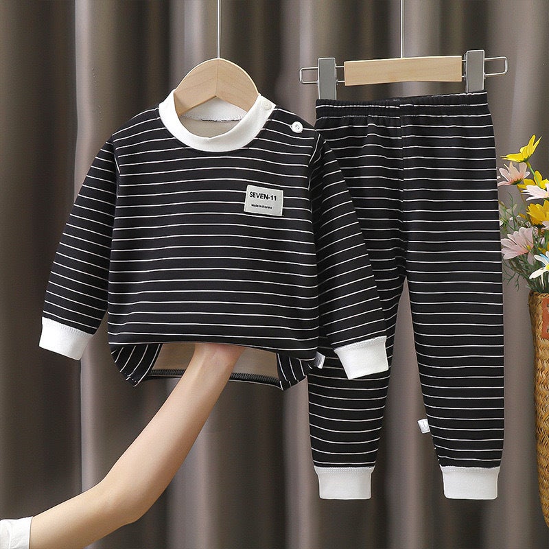 Children'S Striped Fleece-Lined Thermal Underwear Suit Thickened Baby'S Bottoming Autumn Clothes And Pants For Boys And Girls - Image 2