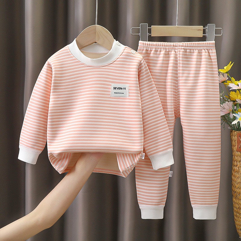 Children'S Striped Fleece-Lined Thermal Underwear Suit Thickened Baby'S Bottoming Autumn Clothes And Pants For Boys And Girls - Image 1