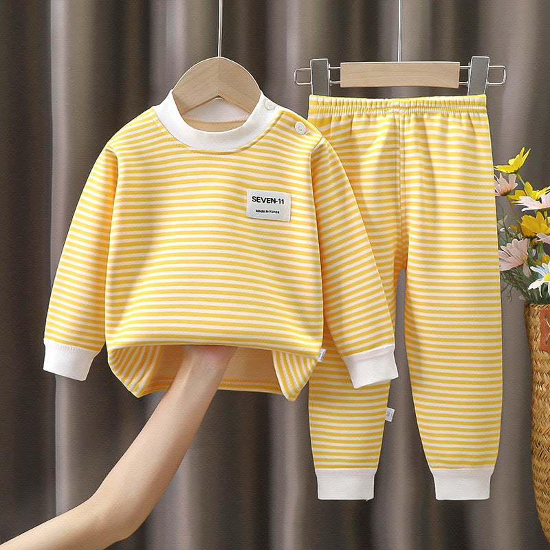 Children'S Striped Fleece-Lined Thermal Underwear Suit Thickened Baby'S Bottoming Autumn Clothes And Pants For Boys And Girls - Image 3