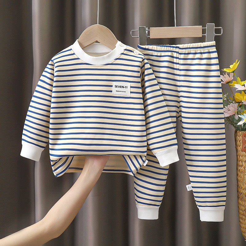 Children'S Striped Fleece-Lined Thermal Underwear Suit Thickened Baby'S Bottoming Autumn Clothes And Pants For Boys And Girls - Image 5