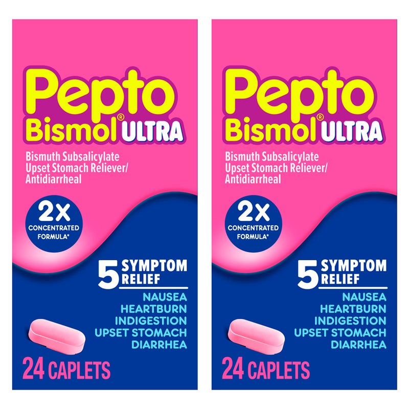 Pepto Bismol ULTRA Caplets, Upset Stomach Relief, Nausea Relief, Heartburn Relief, Indigestion Relief, Anti Diarrhea Medication for Adults - 5 Symptom Relief, 48 ct (2x24 ct) - Image 1