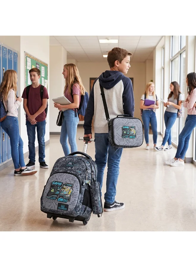 Eazy Kids Eazy Kids 17” 3-Piece Trolley School Backpack Set for Kids – Gaming Design with Lunch Bag & Pencil Case, Grey