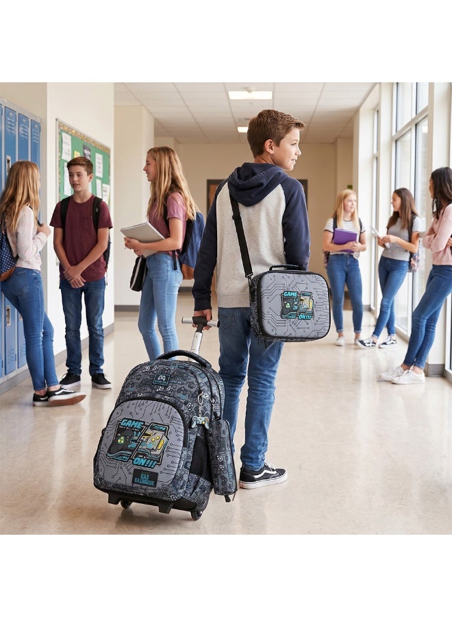 Eazy Kids 17” 3-Piece Trolley School Backpack with Lunch Bag & Pencil Case, Gamer - Grey - Image 2