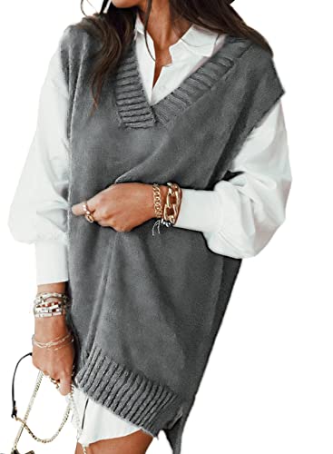 EVALESS Plus Size Sweater Vest Women V Neck Sleeveless Grey Knit Sweaters Womens Fall Spring 2025 Solid Color Irregular Hem Loose Pullover Sweater Large - Image 1