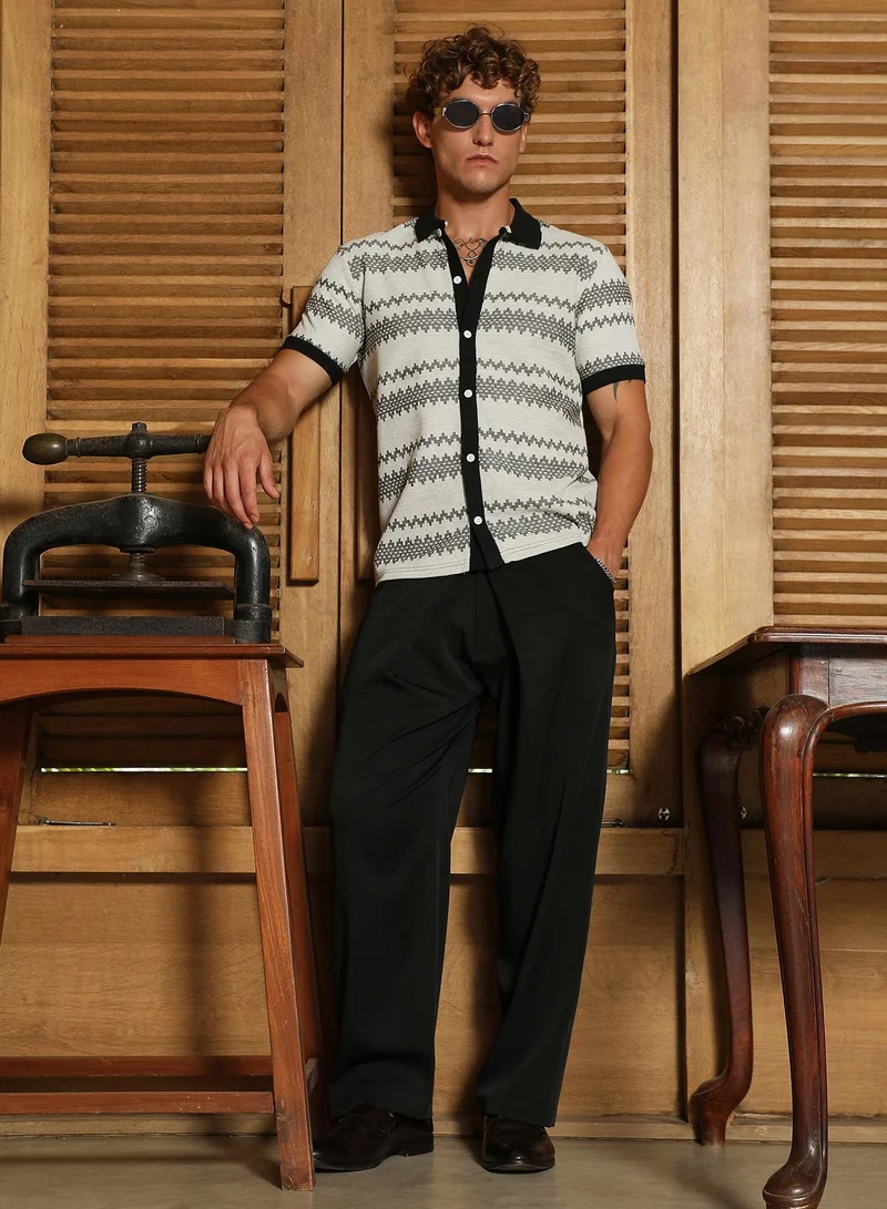 CAHOOT  Men's Black And White Geometric Polo Collar Shirt for Men | Best Price UAE