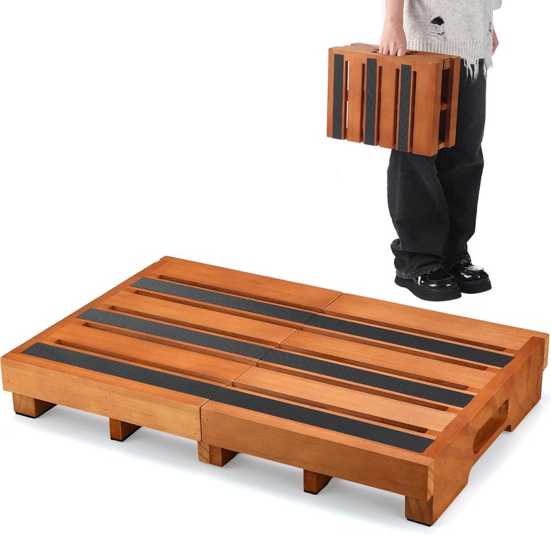 Fiwochic Wooden Step Stool 3 Inch One-Step Non-Slip Outdoor Platform Heavy Duty Portable Half-Step Ideal for Seniors with Knee Issues, Safe Step Stool for Outdoor Bathroom Kitchen Bed (Walnut Color) - Image 1