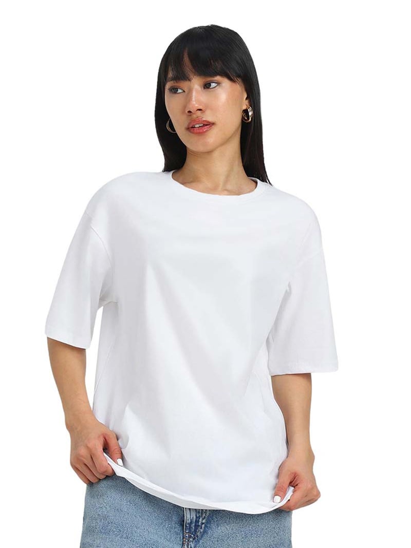 JUNEBERRY® Pure Cotton Oversized Baggy Fit Drop Shoulder Plain Solid White T-Shirt for Women (OS_J_White_S) - Image 1