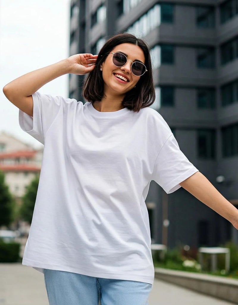 JUNEBERRY® Pure Cotton Oversized Baggy Fit Drop Shoulder Plain Solid White T-Shirt for Women (OS_J_White_S) - Image 2