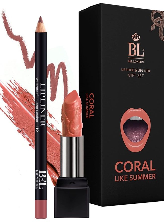 BL Color Matched Lip Liner & Lipstick Set (Coral) - Full-Coverage Argan Long Lasting Lipstick and Lip Liner Set With Natural Oils for Nourishment, Hydration, & Protection - Chemical-Free - Image 1