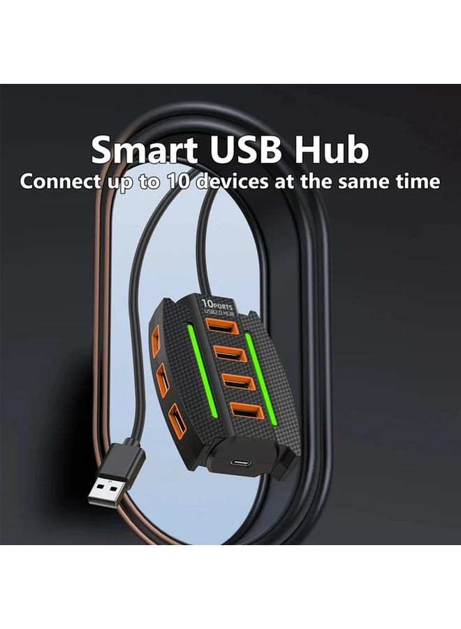 Black 10 Port USB 2 0 Hub With RGB Lights High Speed Data Transmission Splitter - Image 2