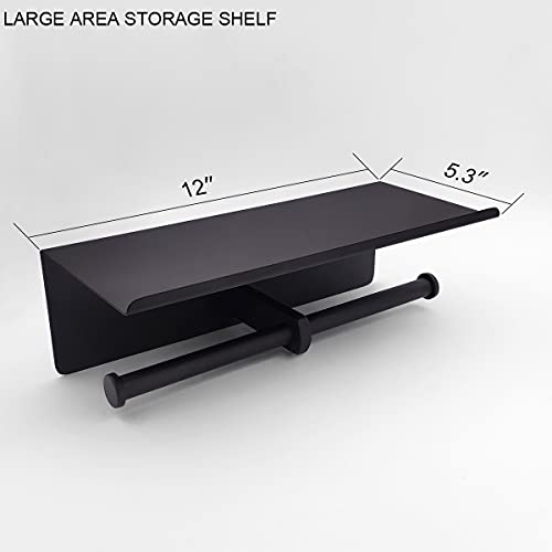 GZILA Double Toilet Paper Holder with Shelf Matte Black Wall Mounted, Dual Large Rolls Tissue Holder Multipurpose TP Dispenser, SUS 304 Stainless Steel - Image 3