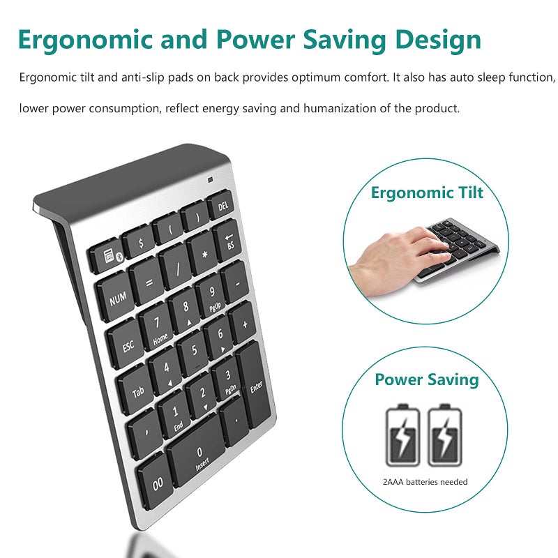 Lekvey لوحة مفاتيح رقمية بلوتوث من ليكفي، 10 مفاتيح لوحة مفاتيح رقمية محمولة لاسلكية بلوتوث: 28 مفتاح توسيع لوحة المفاتيح للمحاسبة المالية وإدخال البيانات لأجهزة اللابتوب وسطح برو والأجهزة اللوحية ويندوز، فضي - Image 4