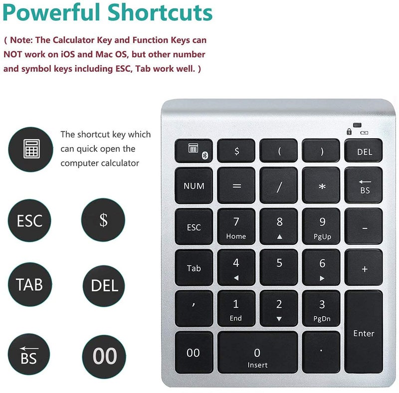 Lekvey لوحة مفاتيح رقمية بلوتوث من ليكفي، 10 مفاتيح لوحة مفاتيح رقمية محمولة لاسلكية بلوتوث: 28 مفتاح توسيع لوحة المفاتيح للمحاسبة المالية وإدخال البيانات لأجهزة اللابتوب وسطح برو والأجهزة اللوحية ويندوز، فضي - Image 3