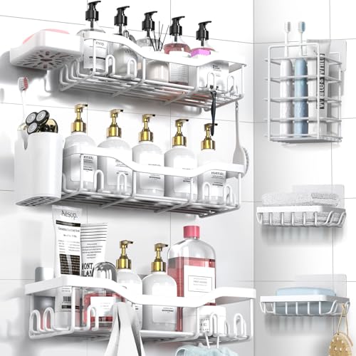 NESOMI Shower Caddy Adhesive Shower Organizer 8-Pack, Rustproof Stainless Steel Bathroom Shelves, Large Capacity No-Drill Rack Storage Accessories with Soap Dish Toothbrush Holder Hooks - Image 1