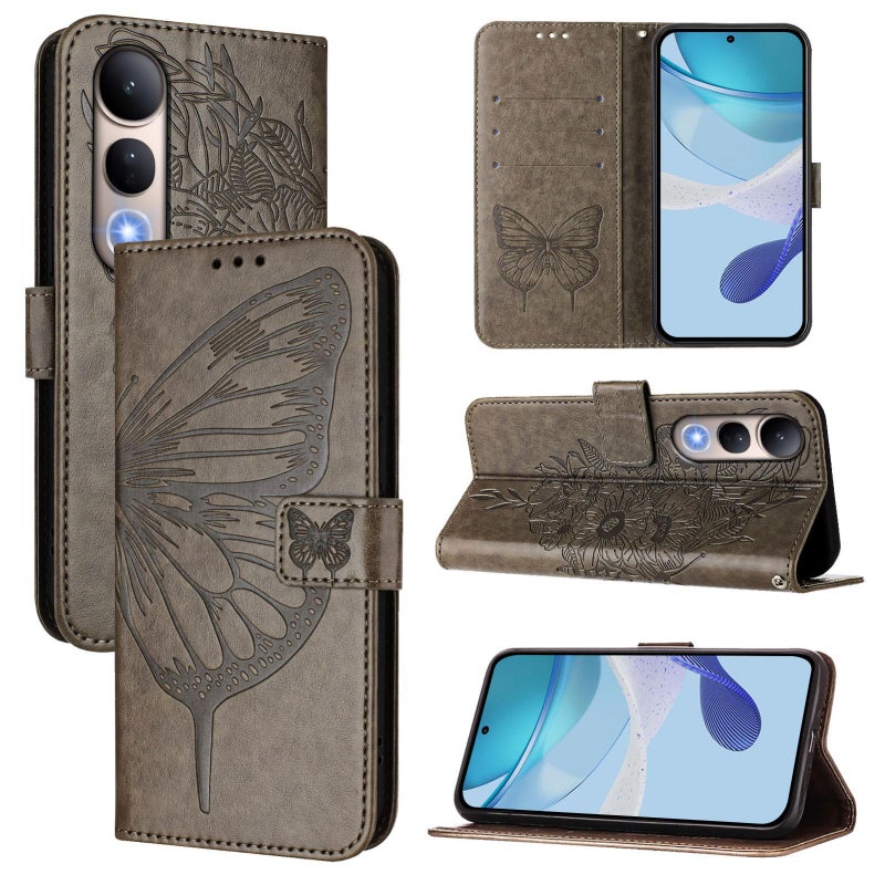 BURAQ Case Cover For vivo V50 Lite 5G Embossed Butterfly Leather Phone Case(Grey) - Image 1