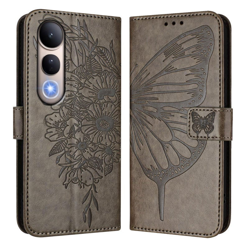 BURAQ Case Cover For vivo V50 Lite 5G Embossed Butterfly Leather Phone Case(Grey) - Image 2