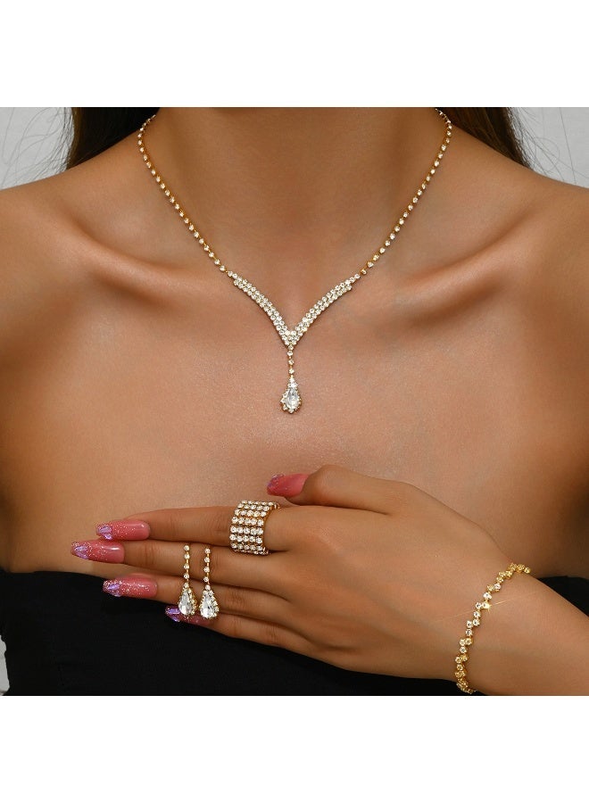 V-Shape Full Zirconia Bridal Jewelry Set - Complete Wedding Suite with Necklace, Earrings, Bracelet & Ring - Image 1