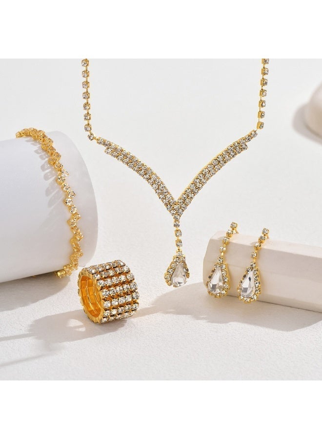 V-Shape Full Zirconia Bridal Jewelry Set - Complete Wedding Suite with Necklace, Earrings, Bracelet & Ring - Image 3