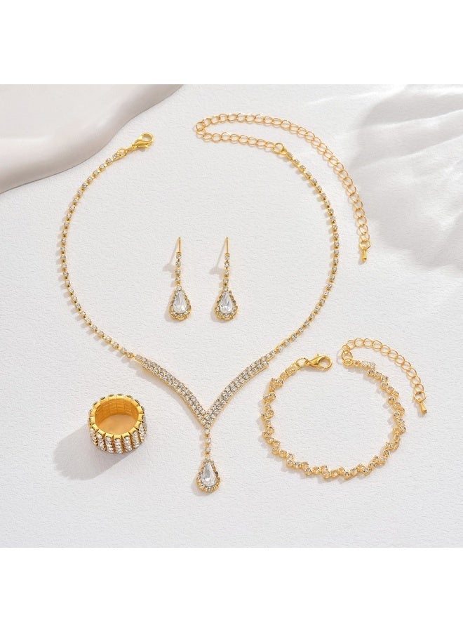 V-Shape Full Zirconia Bridal Jewelry Set - Complete Wedding Suite with Necklace, Earrings, Bracelet & Ring - Image 4