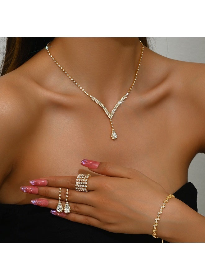 V-Shape Full Zirconia Bridal Jewelry Set - Complete Wedding Suite with Necklace, Earrings, Bracelet & Ring - Image 2