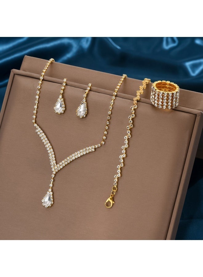 V-Shape Full Zirconia Bridal Jewelry Set - Complete Wedding Suite with Necklace, Earrings, Bracelet & Ring - Image 5