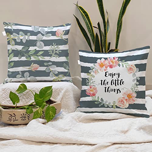 BRICK HOME Set of 2 Polycotton Printed Cushion Covers 24x24 Inches | Botanical Floral & Quote Design | Green, Blush Pink & Grey Stripes | Soft Decorative Pillow Covers for Sofa, Couch & Living Room - Image 2