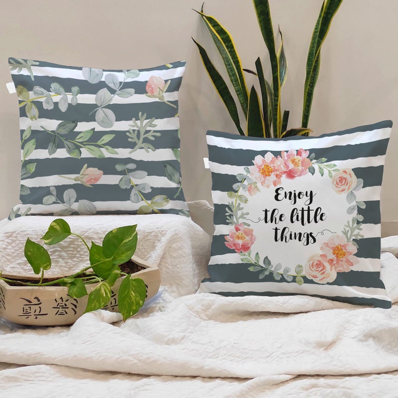 BRICK HOME Set of 2 Polycotton Printed Cushion Covers 24x24 Inches | Botanical Floral & Quote Design | Green, Blush Pink & Grey Stripes | Soft Decorative Pillow Covers for Sofa, Couch & Living Room - Image 5
