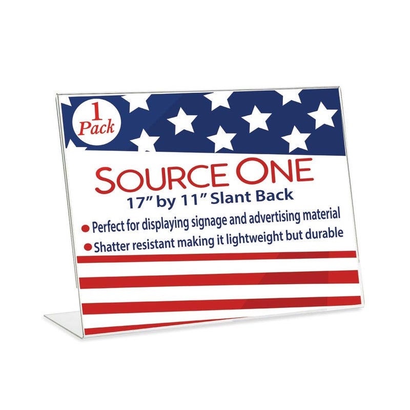 SOURCEONE.ORG Deluxe 17 Wide x 11 Tall Slant Back Clear Thick Acrylic Sign Holder - Brochure Holder - Image 1