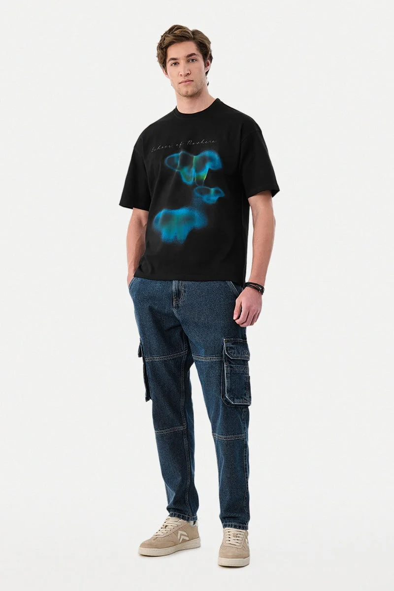 سنيتش Black Graphic Half Sleeve Oversized Streetwear T-Shirt