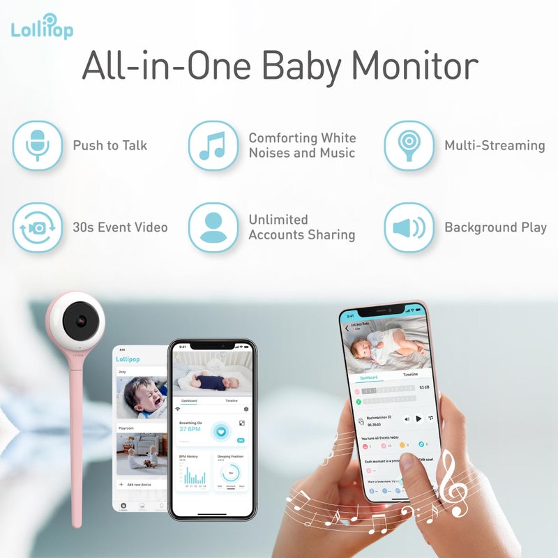 Lollipop Baby Monitor Upgraded Smart Wi-Fi Camera Of True Crying Detection  Two-Way Audio  Infrared Night Vision - Ideal Gift For Baby Shower - Cotton Candy - Image 3