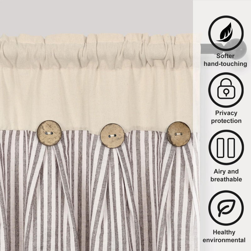 BLEUM CADE Cotton Linen Farmhouse Kitchen Valance Curtains Boho Rustic Button Valances Natural and Brown Stripe Color Block Window Valances Rod Pocket Small Window Curtain for Cafe Bathroom Bedroom Drapes - Image 5