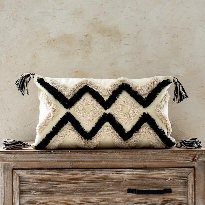 WOVEN TUFTED BOHO LUMBAR THROW PILLOW COVER MODERN DECORATIVE GEOMETRIC CHEVRON CUSHION WITH TASSELS FARMHOUSE TRIBAL PILLOWCASE FOR COUCH SOFA BEDROOM LIVING ROOM 12 X 20 INCHES BLACK IVORY