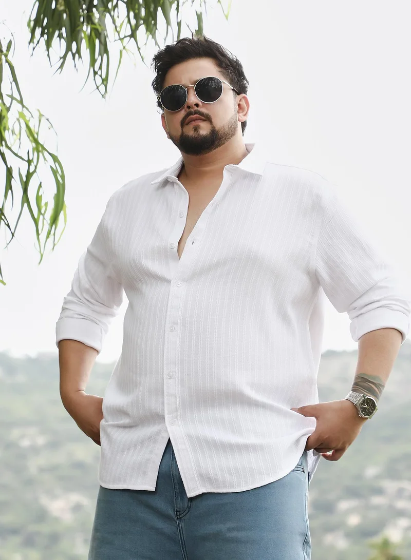 Instafab Plus Instafab Plus Men Rope-Stripe Jacquard Shirt | Spread Collar , Long Cuffed Sleeves | Button Closure , Curved Hem | Stripes Jacquard | Woven Fabric For Casual & Evening Wear | Chalk White