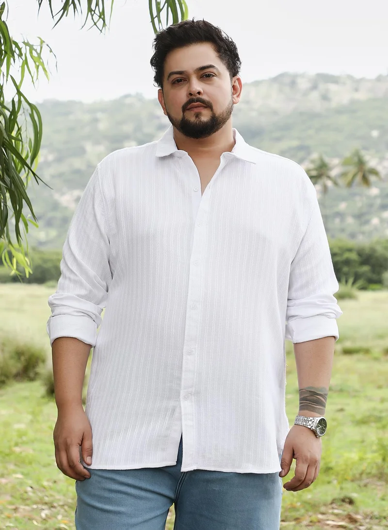 Instafab Plus Instafab Plus Men Rope-Stripe Jacquard Shirt | Spread Collar , Long Cuffed Sleeves | Button Closure , Curved Hem | Stripes Jacquard | Woven Fabric For Casual & Evening Wear | Chalk White