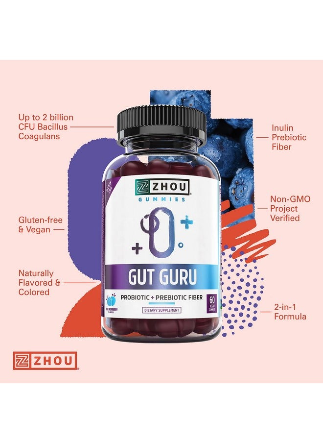 جو Zhou Nutrition Gut Guru Prebiotics and Probiotics for Women and Men، 2 في 1 Probiotic and Prebiotic Gummies for Digestive Amino Health and Immune Support، نباتي، خالٍ من الجلوتين، غير معدّل وراثيًا، 60 قطعة  - Image 3
