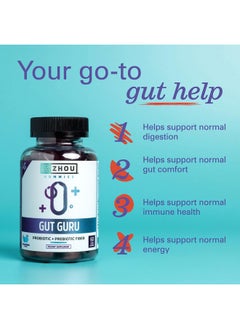 Zhou Zhou Nutrition Gut Guru Prebiotics and Probiotics for Women and Men, 2 in 1 Probiotic and Prebiotic Gummies for Digestive Gut Health and Immune Support, Vegan, Gluten Free, Non-GMO, 60 Count  - Image 2