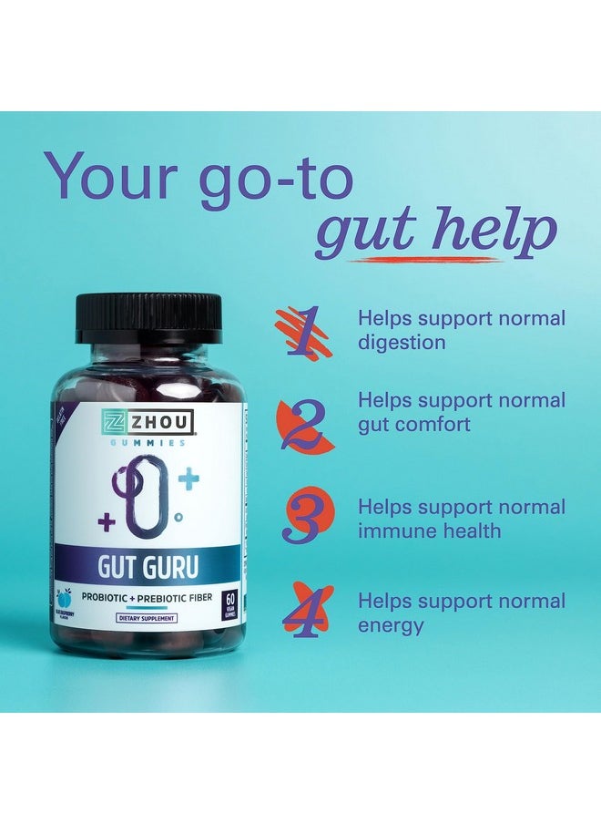 جو Zhou Nutrition Gut Guru Prebiotics and Probiotics for Women and Men، 2 في 1 Probiotic and Prebiotic Gummies for Digestive Amino Health and Immune Support، نباتي، خالٍ من الجلوتين، غير معدّل وراثيًا، 60 قطعة  - Image 2