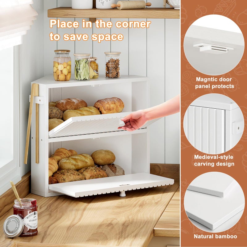 WOWLIVE Corner Bread Box for Kitchen Countertop, Large Vintage Bread Storage Container Bin for Homemade Bread, Double Layer Farmhouse Bread Holder for Kitchen, Cabinet, Pantry (White, Medium) - Image 4